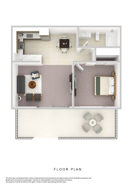A floor plan of a room with furniture and appliances.